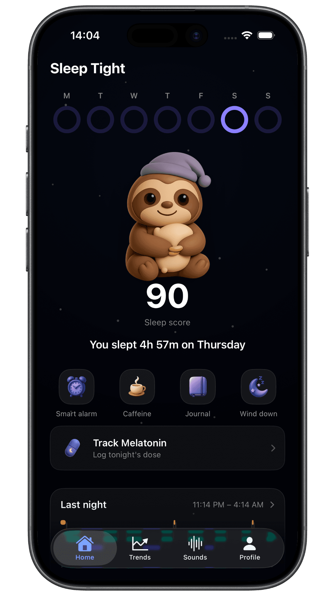Sleep Tight home screen with your nightly sleep score and quick actions