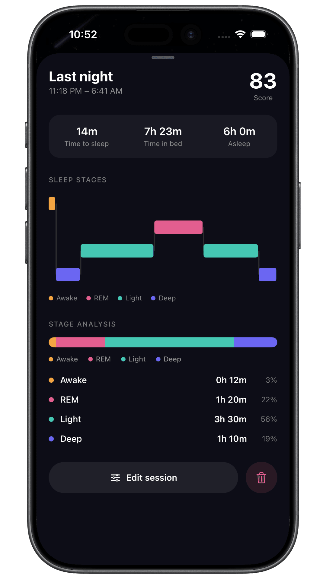 Sleep Tight night summary, showing a sleep score with full sleep stages