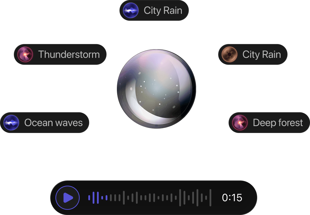 Soundscape options including city rain, thunderstorm and ocean waves around a glowing orb